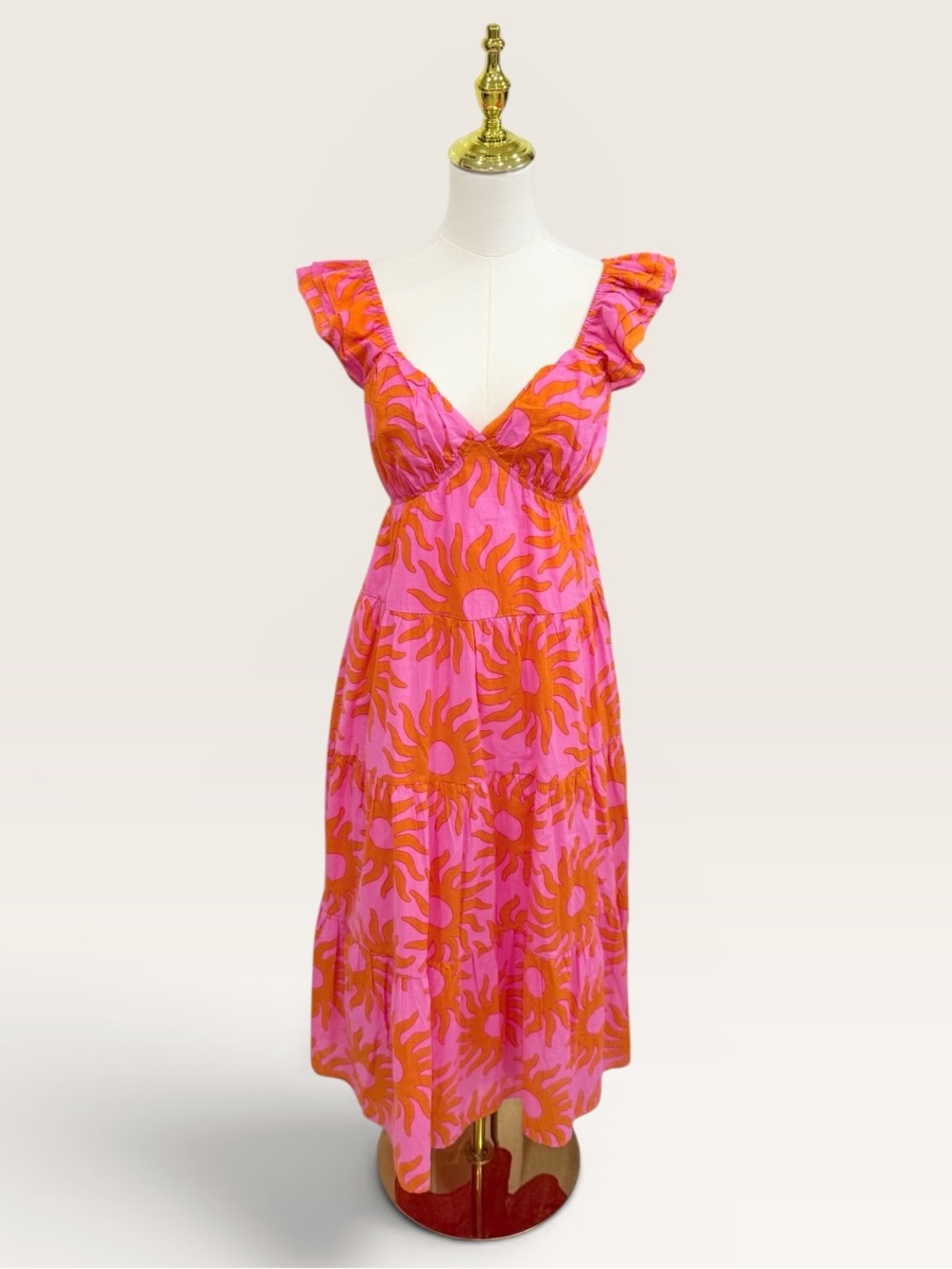 J.Marie Mara Ruffle Strap Tie Back Pink Orange Sun Print Cotton Midi Dress NWT - Picture 3 of 16